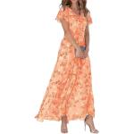 Robes longues fleuries orange à fleurs en toile à volants à manches courtes à col en V Taille XL look casual pour femme 