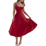 Robes longues fendues rouges à bretelles spaghetti longues sans manches à col carré Taille XXL look casual pour femme 