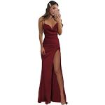 Robes de soirée longues rouge bordeaux en satin à bretelles spaghetti longues sans manches plus size look fashion pour femme 