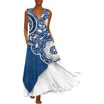 Robes vintage années 60 de mariée bleu nuit imprimé africain en satin maxi sans manches à col en V Taille 4 XL plus size look casual pour femme 