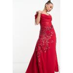 Robes longues fendues Starlet rouges à fleurs à perles longues à col bénitier Taille XS pour femme en promo 