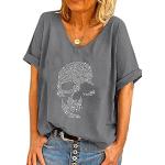 T-shirts gris à strass à motif têtes de mort à manches courtes respirants à manches courtes à col rond Taille S look Punk pour femme 