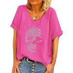 T-shirts roses à strass à motif têtes de mort à manches courtes respirants à manches courtes à col rond Taille L look Punk pour femme 