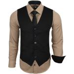 Subliminal Mode - Gilet + Chemise + Cravate Homme Col Bicolore Uni Manches Longues Coupe Ajusté Business Repassage Facile RN33 Noir et Beige M