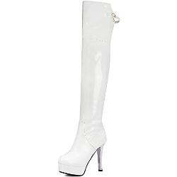 SUCREVEN Femmes Plateforme Cuissarde Boots Talons Hauts Botte Hautes Boots Aiguille Mode Botte Hautes Blanc Taille 36.5 Eu/37Cn