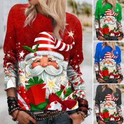 Sweat-shirt de Noël pour femme avec imprimé Père Noël - Col rond - Manches longues - Coloré - Chaud - Mi-long - Boîte cadeau - T-shirt de Noël pour fête