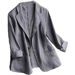 Summer Art Style Blazer décontracté à manches 3/4 pour femme avec bouton unique en coton et lin, gris foncé, XL