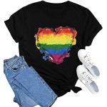 SUWATOIN T-shirt Pride pour femme à manches courtes avec imprimé cœur arc-en-ciel LGBT Gay Pride, noir 1, XXL