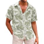 Chemises hawaiennes vertes tropicales en coton à motif palmier à manches courtes Taille L look casual pour femme 