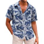 Chemises hawaiennes bleues tropicales en coton à motif palmier à manches courtes Taille L look casual pour femme 
