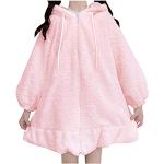 Vestes de survêtement roses en fourrure à pompons à motif lapins imperméables à capuche à manches longues Taille XL plus size look Kawaii pour femme 