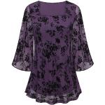 Chemisiers violets à fleurs en polyester à volants en dentelle à manches trois-quart à col carré Taille 3 XL look fashion pour femme 