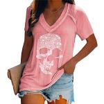 T-shirts roses à strass à motif têtes de mort à manches courtes respirants à manches courtes à col rond Taille XL look Punk pour femme 