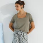 T-shirts basiques kaki en viscose à galons à manches courtes à col carré Tailles uniques pour femme 