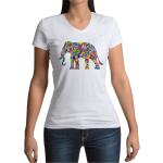 T-shirts col V multicolores en coton à motif éléphants à col en V look hippie pour femme 