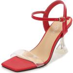 Sandales à talon haut rouges en caoutchouc à strass à talons carrés à bouts ouverts à boucles avec un talon de plus de 9cm look casual pour femme 