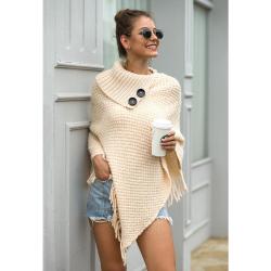 Tassel Cloak Shawl Button Half Open Lapel Solid Color Pullover Women’s Sweater