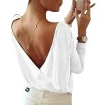 Tee Shirt Femme Manches Longues Casual Profond V Dos-Nu Rond Col T-Shirt Haut Blouse Top Jumper Blanc L