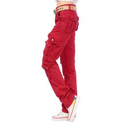 Tomwell Femme Jeans Cargo Denim Pantalons Multi Poche Stretch Denim Pantalon Taille Skinny Crayon Pantalon Jean Troué Pantalons Jeggings Pants Casual Rétro Rouge X-Large