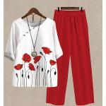 Tailleurs pantalon saison été rouges à fleurs Taille L plus size look casual pour femme 
