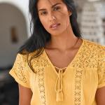 Tuniques longues jaunes à effet froissé en coton à pompons Taille S pour femme 