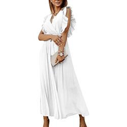 TYQQU Femme Robe Manche A Volant avec Ruché Robe Longue Taille Haute Col V Robe De Fête A La Mode Blanc M
