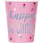 Unique- Gobelets en Carton Fête d'anniversaire à Thème Rose et Argent Foil Glitz-Paquet de 8, 82248, Pink, Happy Birthday