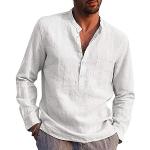 Chemises unies de mariage saison été blanches en coton à manches longues col henley Taille L look casual pour homme en promo 