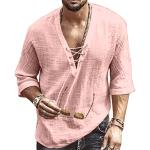 Chemises roses en lin à manches courtes col henley Taille XXL look casual pour homme 