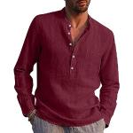 Chemises de mariage rouges en coton en lin à manches longues col henley Taille L look casual pour homme en promo 