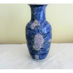 Vase Vintage En Porcelaine D'exportation Chinoise Peinte À La Main Bleu Avec Des Fleurs Roses Florales 26 cm Fabriqué Chine