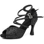 Chaussures de tango noires en daim à strass à bouts ouverts Pointure 34 avec un talon entre 7 et 9cm look fashion pour femme 