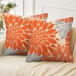 Coussins extérieurs orange à fleurs en tissu en lot de 2 fermes 50x50 cm 