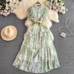 Robes d'été de soirée vertes à fleurs en polyester à motif papillons maxi à manches courtes à col rond Taille XXL look casual pour femme 