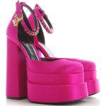 Sandales à talons de créateur Versace rose fushia à logo en cuir à bouts carrés Pointure 40 pour femme en promo 