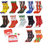 Vertvie Lot de 12 paires de chaussettes, unisexes, motif de Noël, en coton, design mixte, festives, Lot de 12, taille unique
