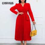 Robes plissées d'automne rouges en fibre synthétique mi-longues à manches longues Taille 3 XL plus size look casual pour femme 