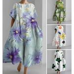 Robes à imprimés de printemps kaki à fleurs en fibre synthétique mi-longues à manches courtes à col rond Taille M plus size style bohème pour femme 