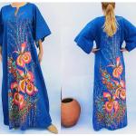 Robes longues ethniques bleu cyan à fleurs en coton maxi Taille M style bohème pour femme 