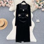 Robes en dentelle vintage de printemps noires patchwork en velours à perles à col carré Taille XXL look fashion pour femme 