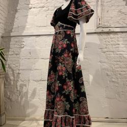 Vitage Années 1970 - Robe Longue En Coton À Imprimé Cachemire Et Prairie Fleurie Avec Manches Ange Gothique