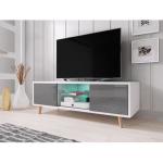 Meuble TV VIVALDI - SWEDEN - 140 cm - blanc mat / gris brillant avec LED - style scandinave