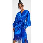 Robes cache-coeur bleues en satin à franges mi-longues Taille XXS look fashion pour femme en promo 