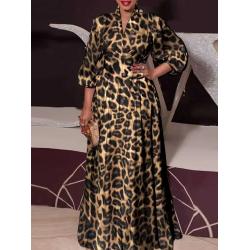 VONDA-Robe maxi bohème pour femme robe de soirée rétro imprimé léopard manches lanterne chic