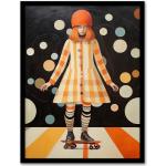 Wee Blue Coo Surreal Skater Girl in Retro Skate Park Orange Black White Oil Painting Art Print Framed Poster Wall Decor 12x16 inch