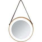 WENKO Miroir rond Usini, miroir mural, miroir LED, style industriel, Ø 20,5 x 2,6 cm, sangle en similicuir et miroir en bois bambou