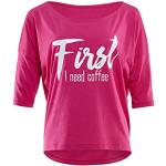 WINSHAPE Mcs001 T-Shirt Ultra léger à Manches 3/4 pour Femme avec imprimé à Paillettes First I Need Coffee, Rose foncé/Blanc