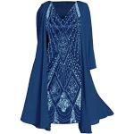 Robes de soirée bustiers bleu ciel à fleurs à sequins midi à manches longues Taille XL plus size look casual pour femme 