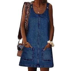 Xaspee Robe en jean pour femme - Mini robe décontractée sans manches en jean vintage avec poches, bleu marine, Taille M