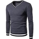 T-shirts col V gris à rayures en velours à motif animaux à manches longues à col en V Taille 3 XL look casual pour homme 
